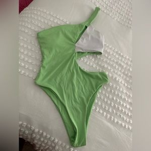 Green and White one shoulder one piece bathing suit